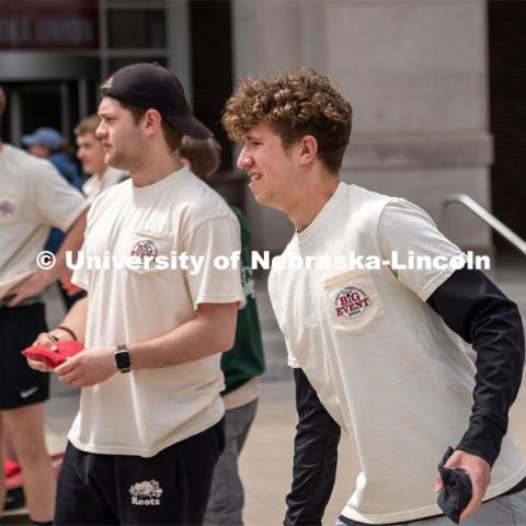 Daniel Koland, a member of Pi Kappa Alpha, prepares to throw his bag in a game of corn hole before the start of the Big Event. May 4, 2024. Photo by Kirk Rangel for University Communication.